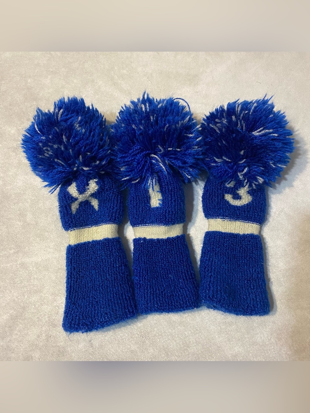 Vintage Pom Pom Golf Club Head Covers Knit Socks Blue and White X 1 3